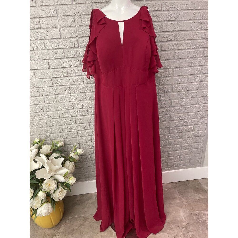 Azazie Logan Women Red Pleated Ruffle Sleeve Maxi Dress Size 20 NWT